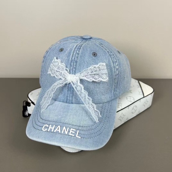 CHANEL Light Blue Denim Cap with White Lace Bow - Picture 1 of 7
